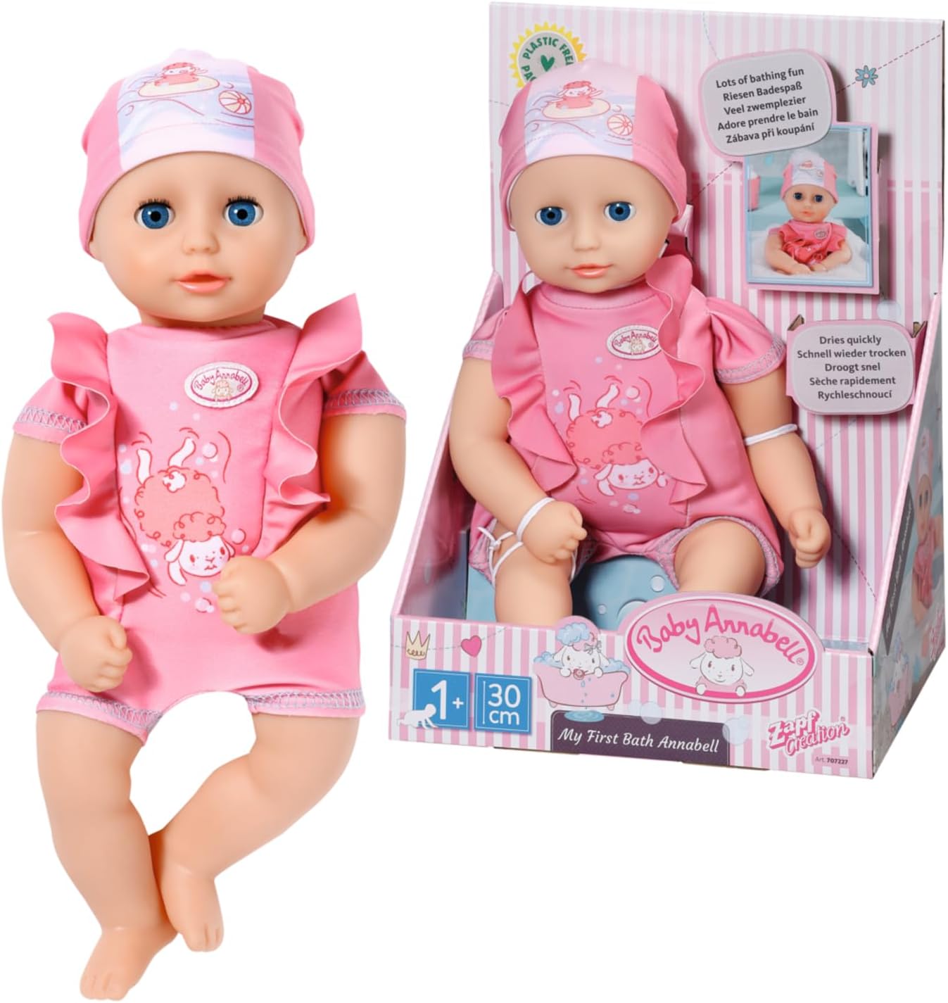 My First Bath Annabell 707227-30cm Doll with Waterproof Body for Toddlers - Includes Swimsuit & Hat - Hand Washable - Suitable from 3 Years, Multicolor