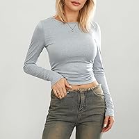 Vista 12 de Blusa corta básica casual para mujer, ajustada, manga larga, cuello redondo, color sólido, para otoño, camiseta ajustada Gris claro