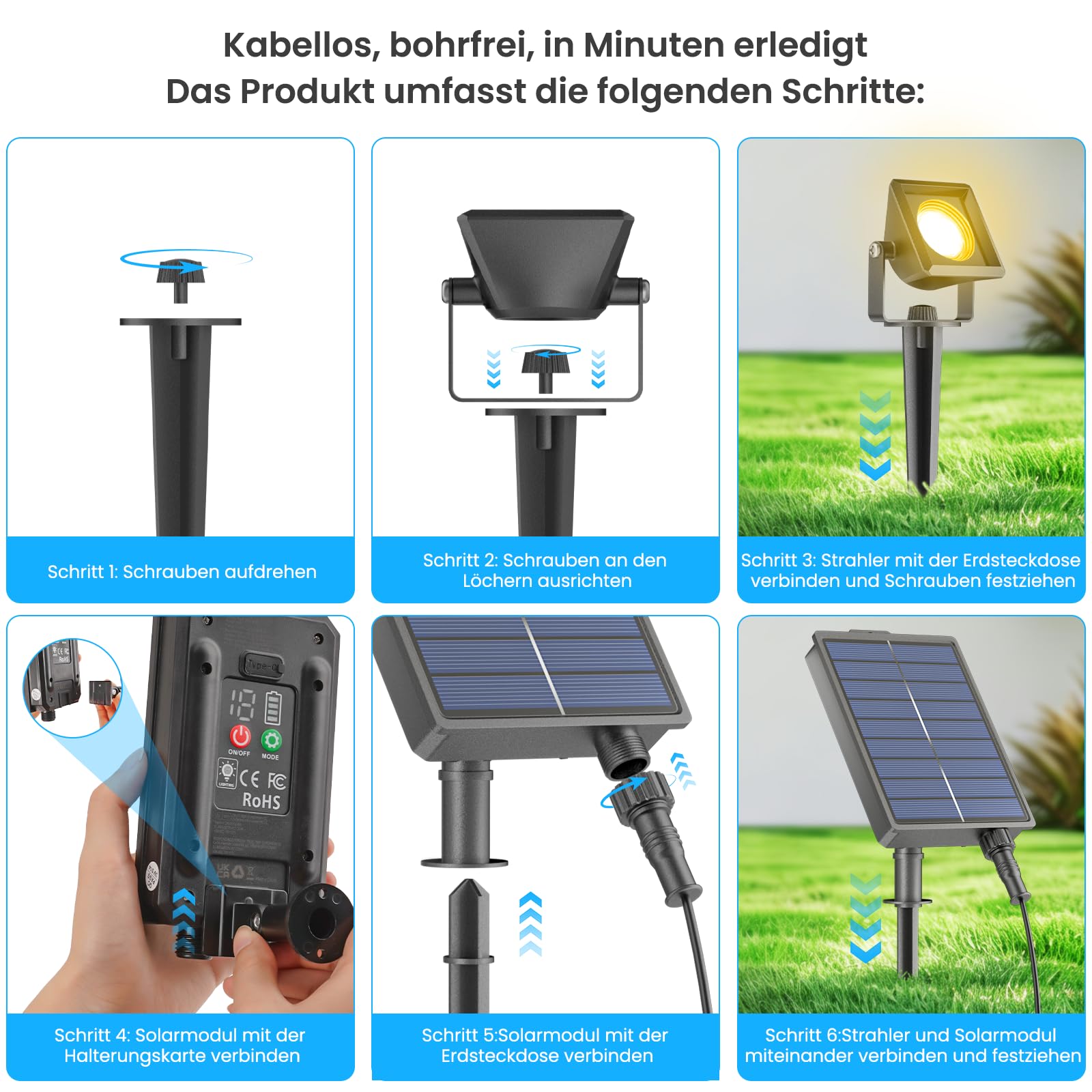 Solarlampen für Außen, Solar-Gartenstrahler mit 4 Timerstufen + 4 Helligkeitsstufen, Solarstrahler für Außen Garten, Automatisches Ein-/Ausschalten, IP65 Wasserdicht Solar Strahler Außen