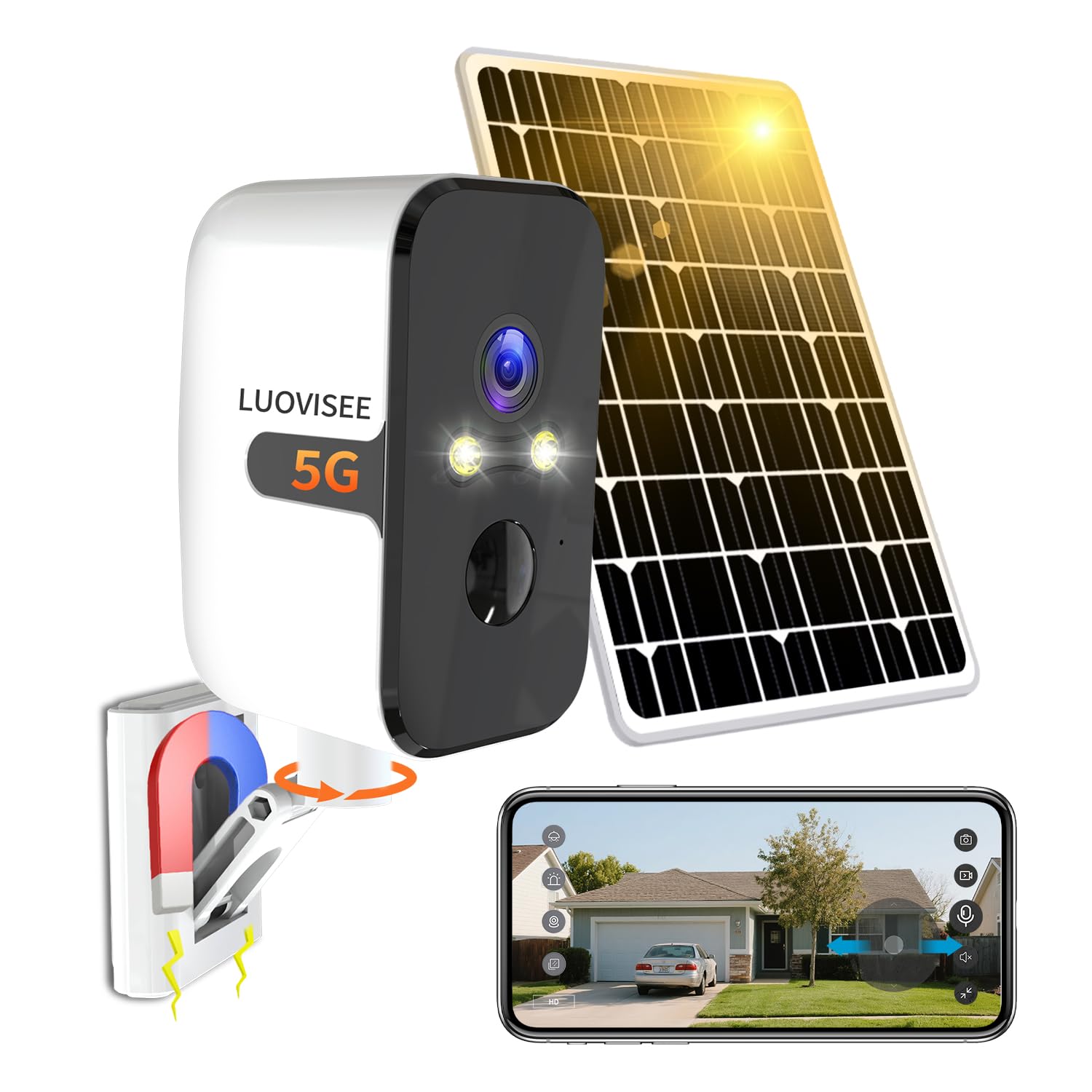 Luovisee 2.4/5G WiFi Cameras for Home Security with Solar Panel,Pan Rotating 180° Magnetic Security Camera Wireless,No Monthly Fee, Motion Detection,