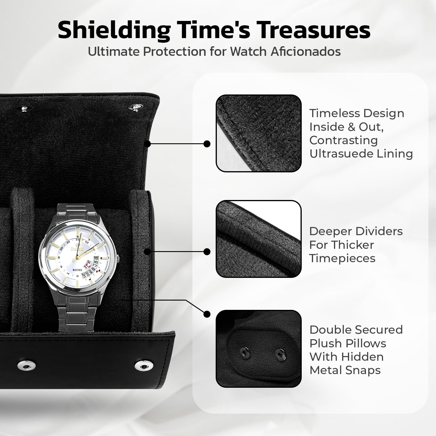 W&S - Estuche de viaje para relojes para hombres y mujeres con organizador de almacenamiento de 3 relojes, almacenamiento seguro con innovadoras almohadas extraíbles y separadores sólidos para