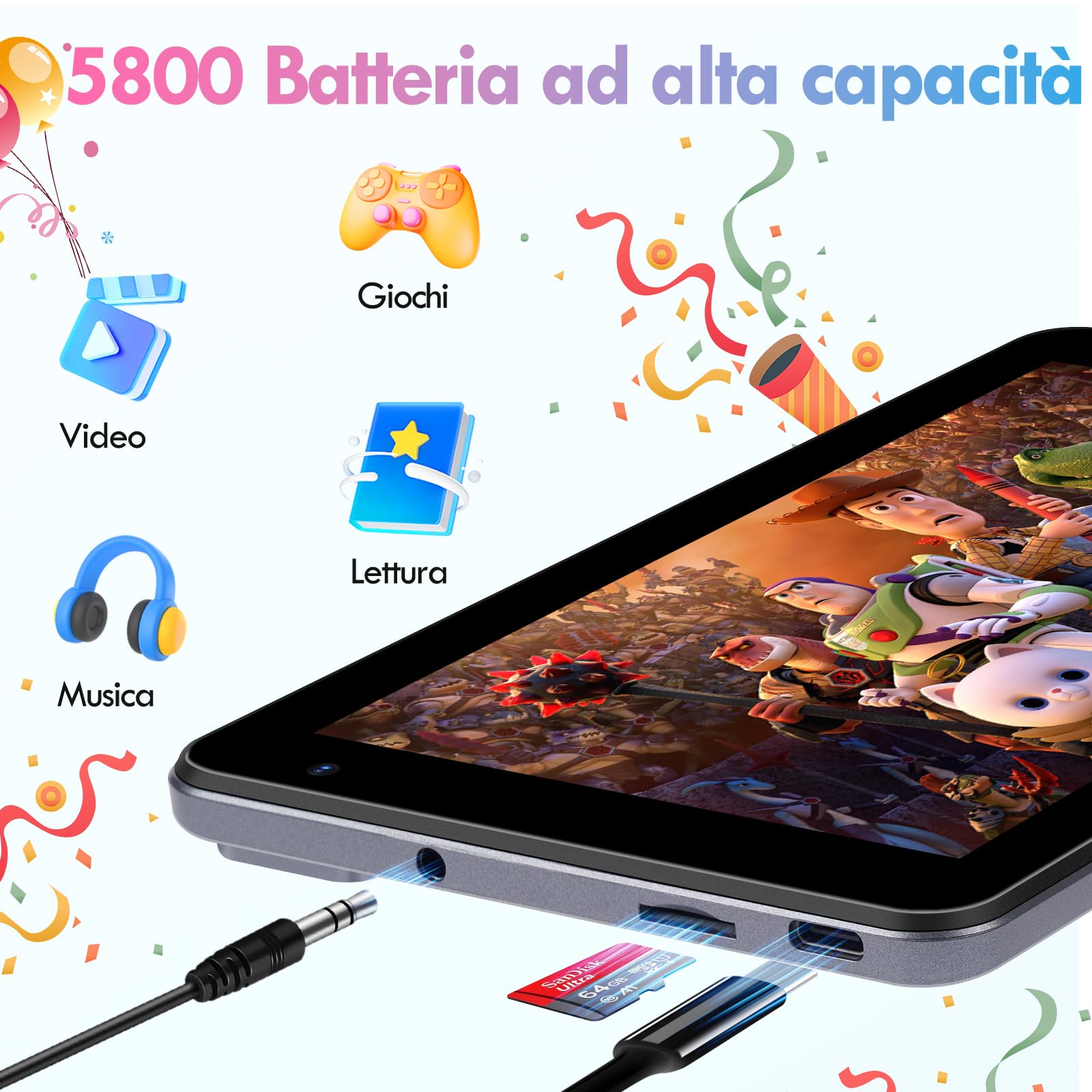BISAIKASOW Tablet Bambini 7pollici, Android 13, Octa-Core, 8GB+64GB (esp. 256GB), 5800mAh Batteria, Doppia Cam. 5MP+8MP, Software Bambini, Controllo Parentale, con Custodia