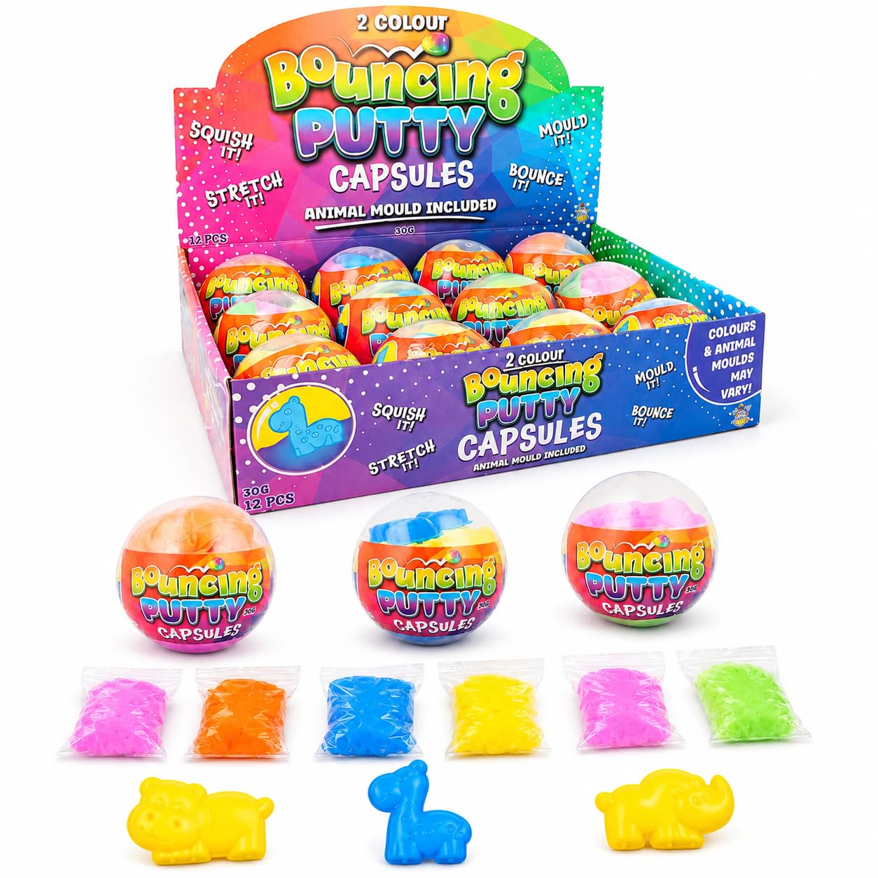 1x Random Colour Bouncing Putty Capsules with Animal Mould, 30g Stretchy Slime Putty Ball Sensory Fidget Toy, Party Bag Fillers, Pocket Money Toys for Kids — image 1