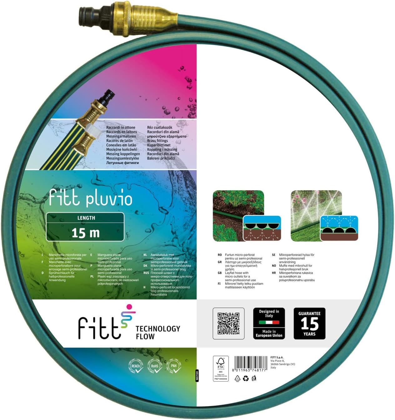 FITT PLUVIO 15 m - Three-way sprinkler hose for jet irrigation and impregnation, for semi-professional use