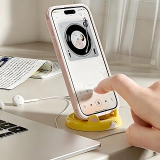 Cute Cartoon Cat Phone Stand, Adjustable Desktop Cell Phone Holder, Universal Smartphone Mount, Creative Desk Accessory for Watching Videos Video Calls (Yellow)