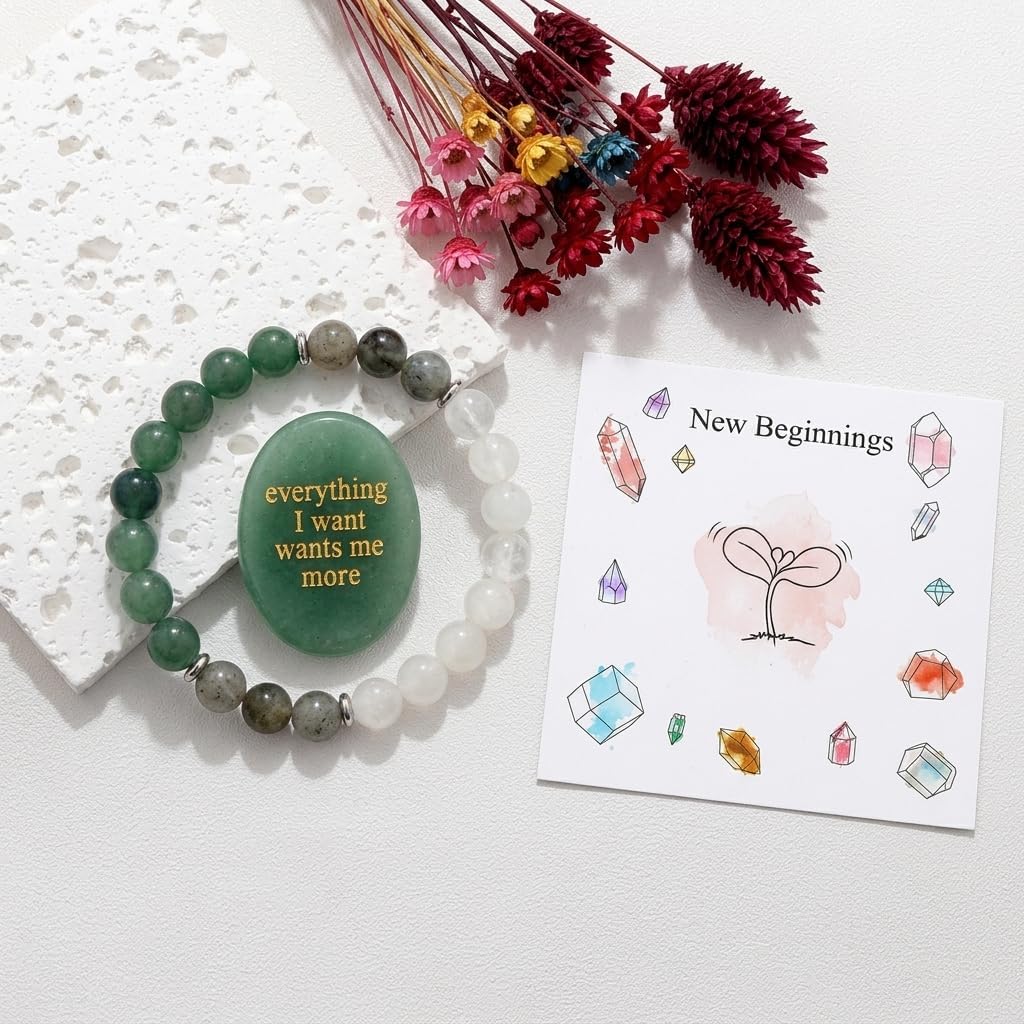 Beaded Stretch Bracelets and Worry Stone Set-Handmade jewelry | Natural Healing Crystal Stone ,Energy-Wealth Stress Relief Triple Protection New Beginning Self Love ,Giftbox