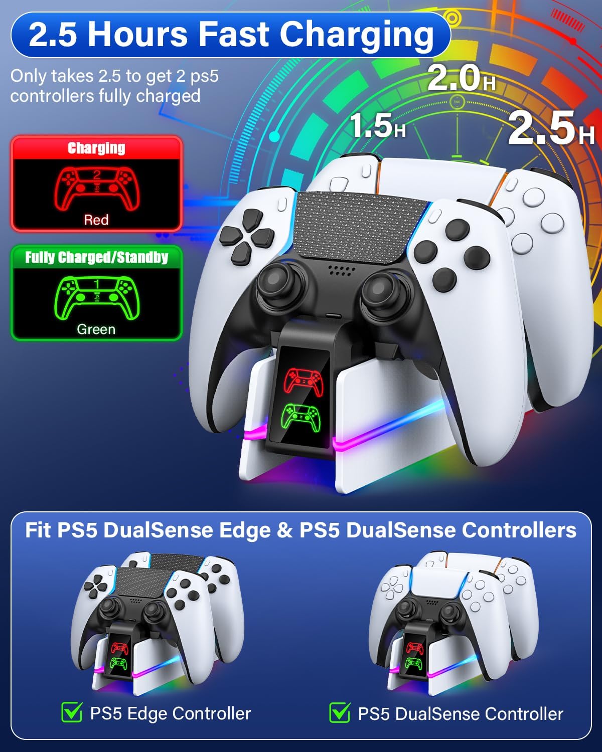 PS5 Controller Charger for PlayStation 5 Dualsense Edge - 9 Colors LED PS5 Charging Station for PlayStation 5 Controller Charger, Charging Dock and Holder Stand for PS5/Slim/Pro Remote Accessories - Image 2