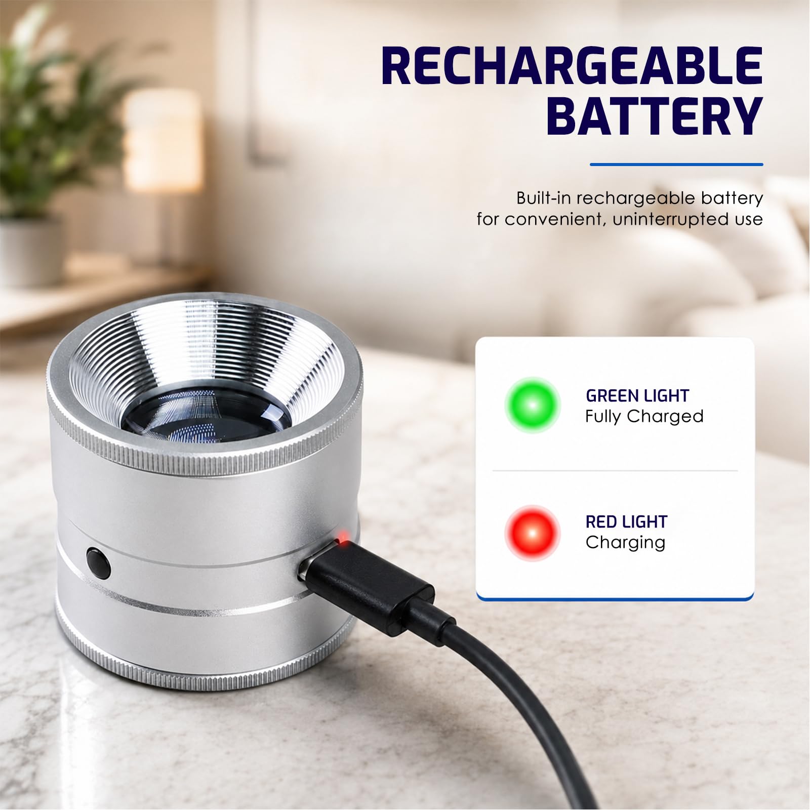 Loupe grossissante x10 avec échelle et lumière – Loupe de bijoux rechargeable avec 3 LED blanches et 3 LED violettes, mise au point réglable, lentille de 30 mm pour bijoutiers, collectionneurs de