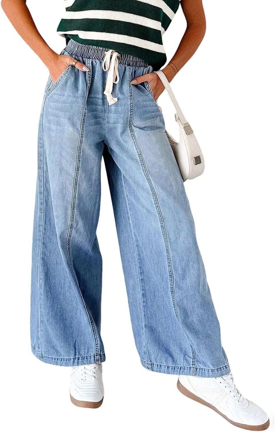 loveimgs Women Wide Leg Jeans Elastic High Waisted Denim Ankle Pants Drawstring Boyfriend Baggy Jeans Sweatpants Patchwork