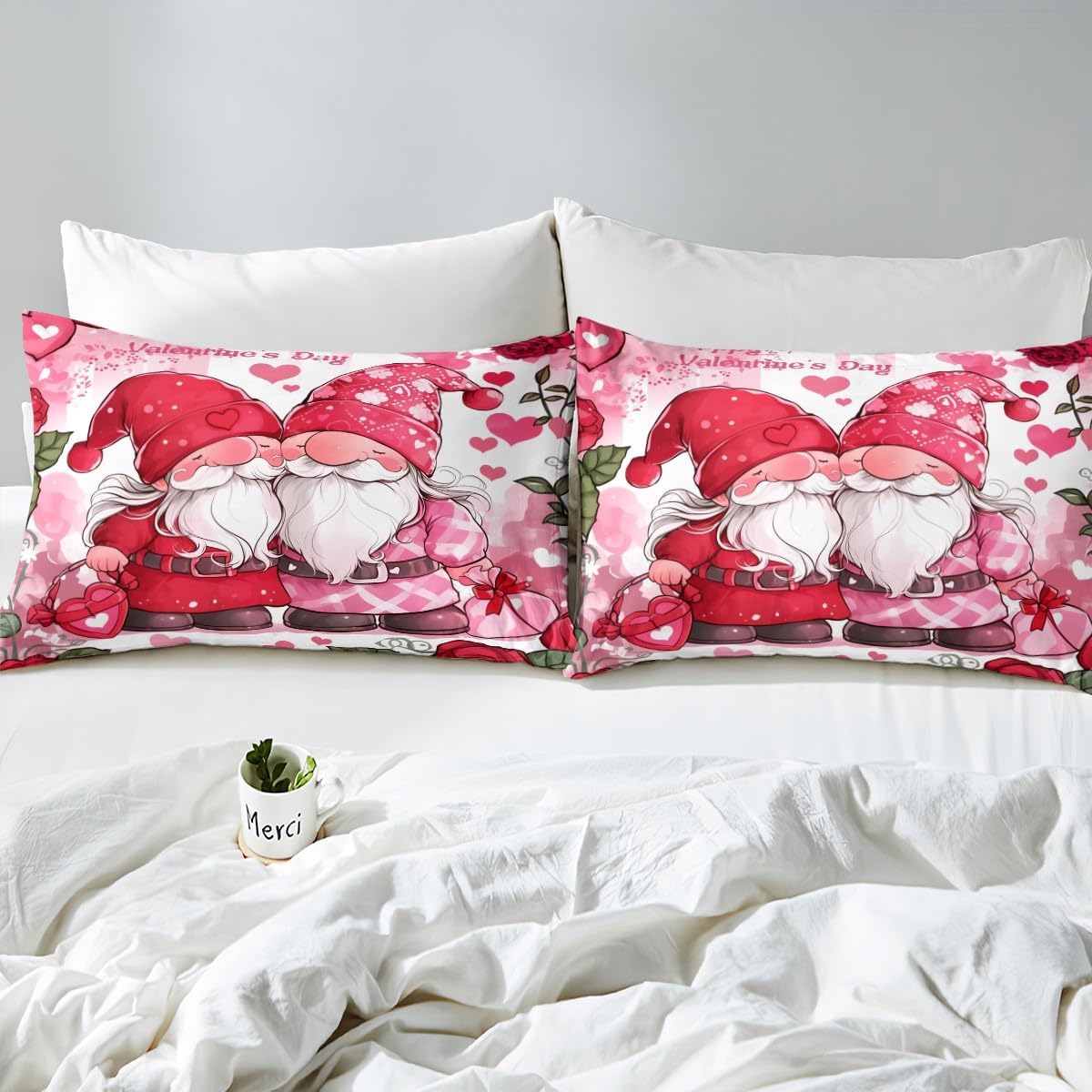 Valentine's Day Duvet Cover Set Toddler Size,Cute Lovely Gnome Romantic Floral Reversible Quilt Cover for Kids Boys Girls Red Rose Flowers Pink Heart Print Bedding Set with 1 Pillowcase,No Comforter