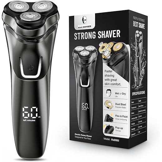 Electric Razor for Men Cordless: Wet/Dry Rotary Shaver Waterproof - USB Fast Charging & Sensitive Skin Care - Pop up Trimmer & Precision Blades Black