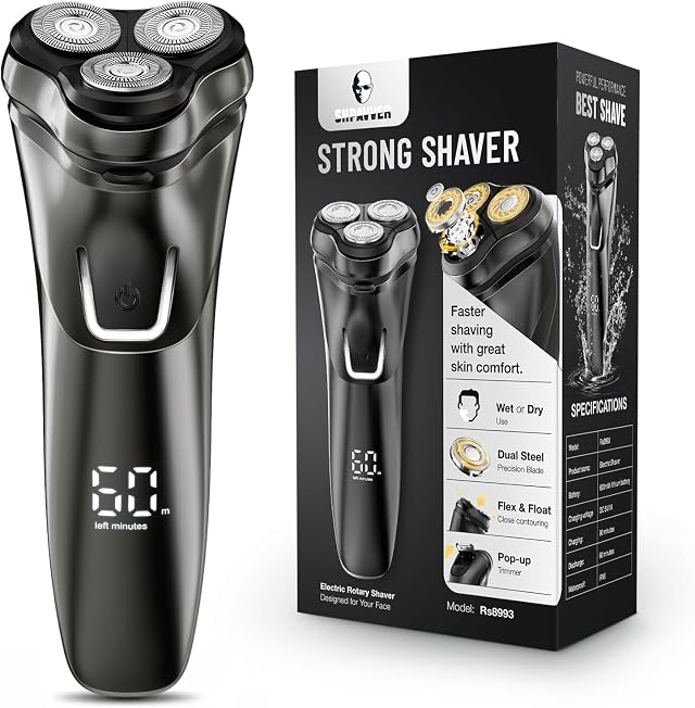 Electric Razor for Men Cordless Wet Dry Rotary Shaver Waterproof - USB Fast Charging Sensitive Skin Care -