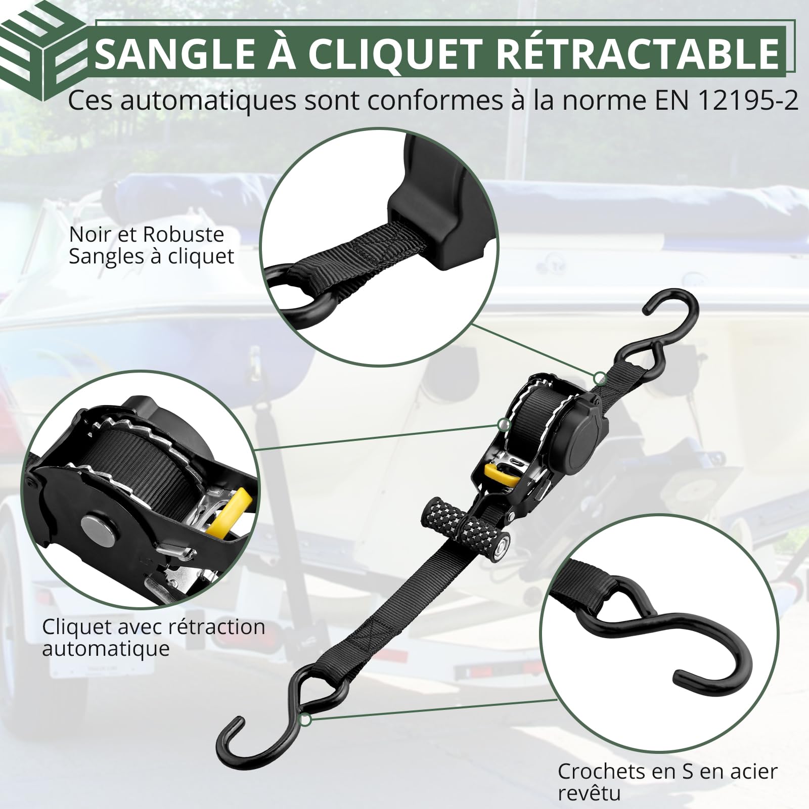 EYPINS 4 Pièces Sangle à Cliquet Auto-Rétractable avec Poignée 25mm x 3.3m,Capacité de Charge Directe 340kg,en U 680kg-Pour Remorque,Moto,Voiture Résistance aux UV et Usure Conforme en 12195-2