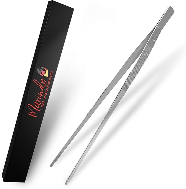 Marindo Grillpinzette | Kochpinzette | Küchenpinzette | 30cm lang | rostfreier Edelstahl | spülmaschinenfest | gerade Form | Fleischpinzette | Bratpinzette (Edelstahl)