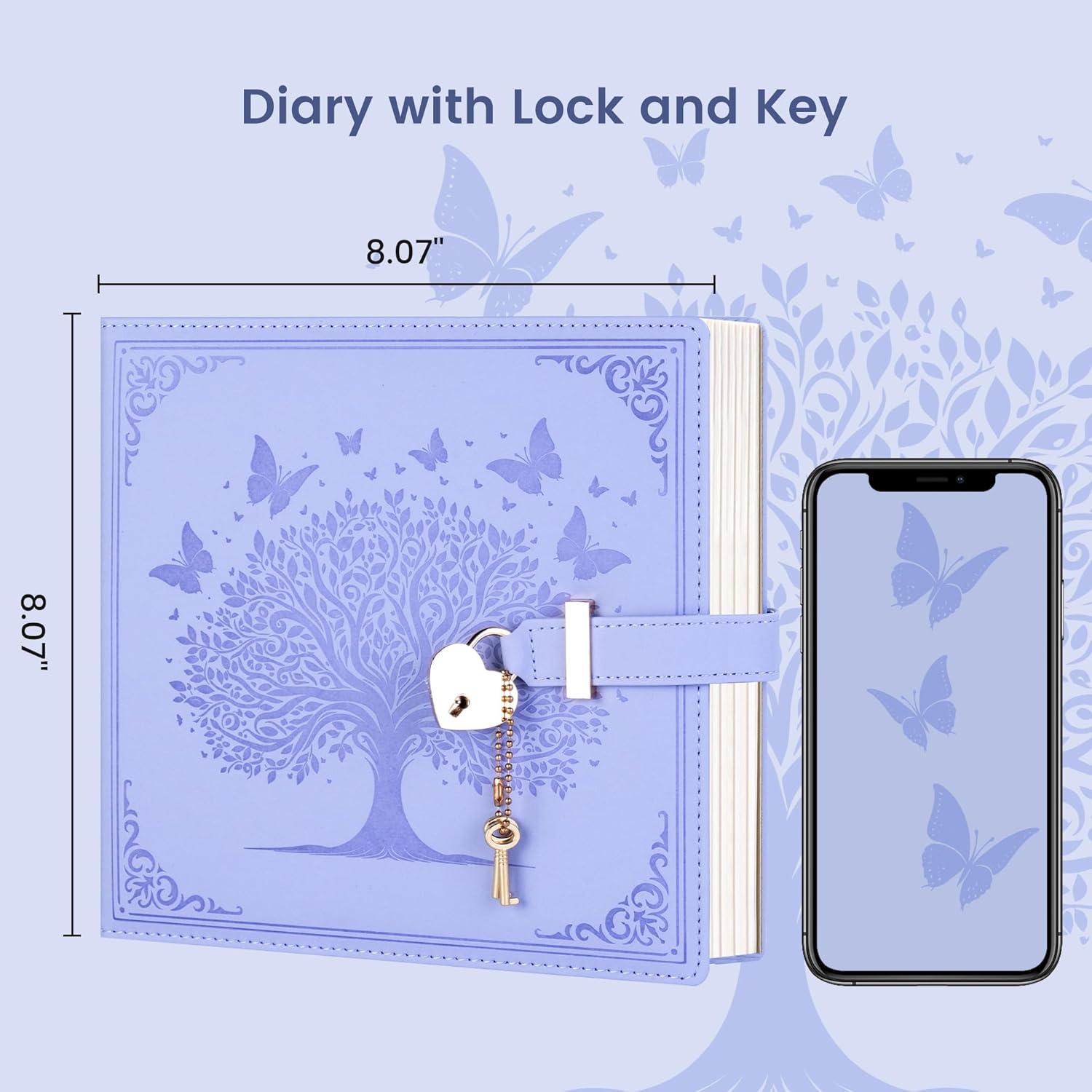 MINICAGIE Diary with Lock and Keys for Girls 256 Pages Locked Journal for Women, Square Leather Journal Notebook with Heart-Shaped Lock Gift for Girls Women Wife, Purple
