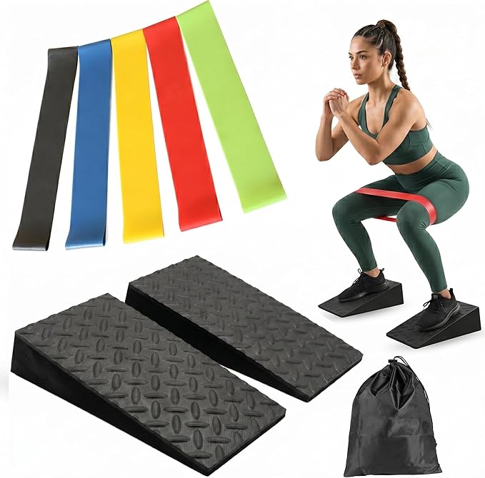 Squat Wedge Blocks Set of 2 with 5 Resistance Bands – Heel Elevation for Squats, Non-Slip Elevated Squat Platform, Workout Wedge for Deep Squats & Glutes | Exercise Wedge for Feet with Carry Bag