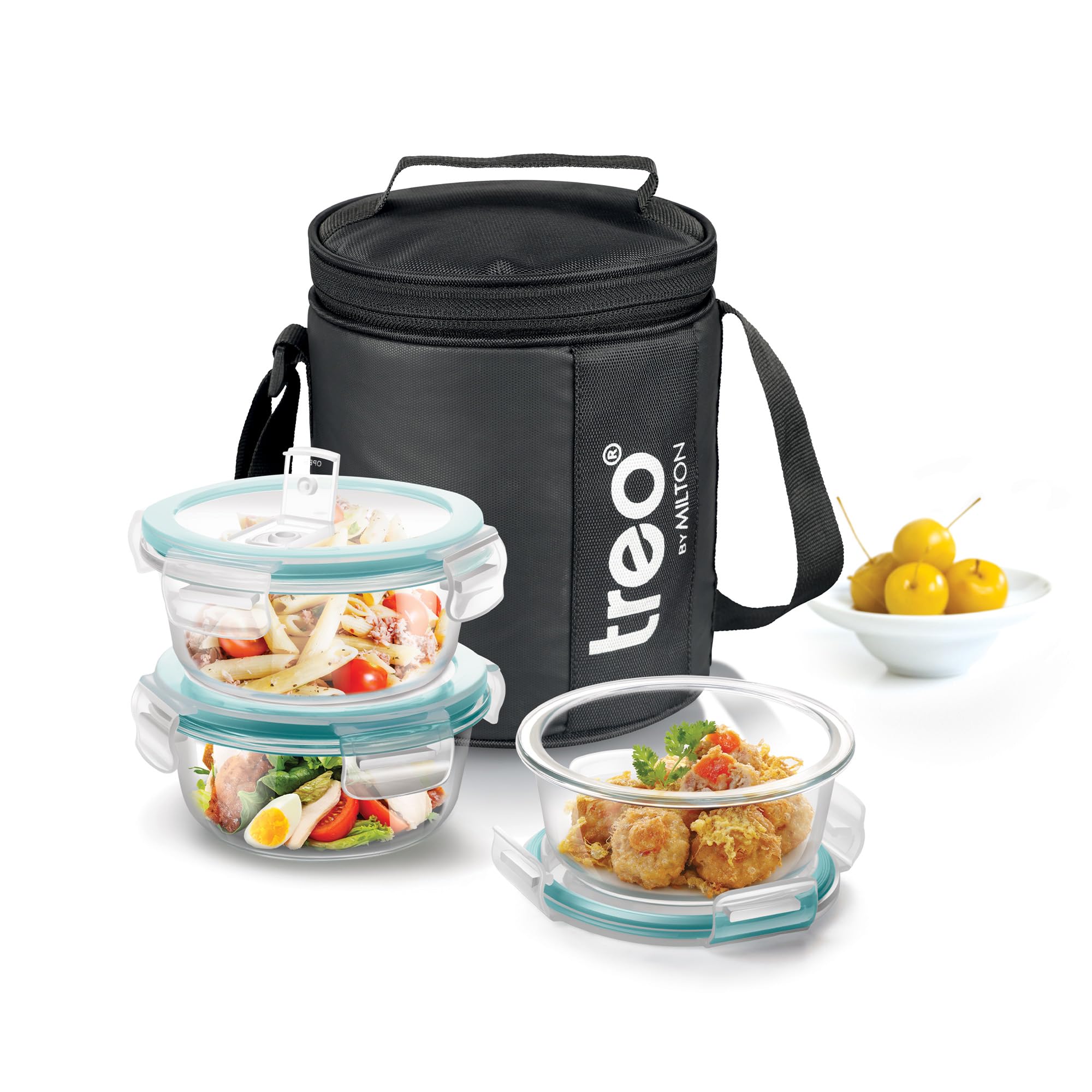 Treo by Milton All Weather Borosilicate Glass Round Set of 3,400 ml Each,Tiffin,Water Proof Carry Jacket,Microwave & Oven Safe,Leak Proof,Air Vent Lid,Scratch Resistant,Ideal for Office,School, Black-image-11