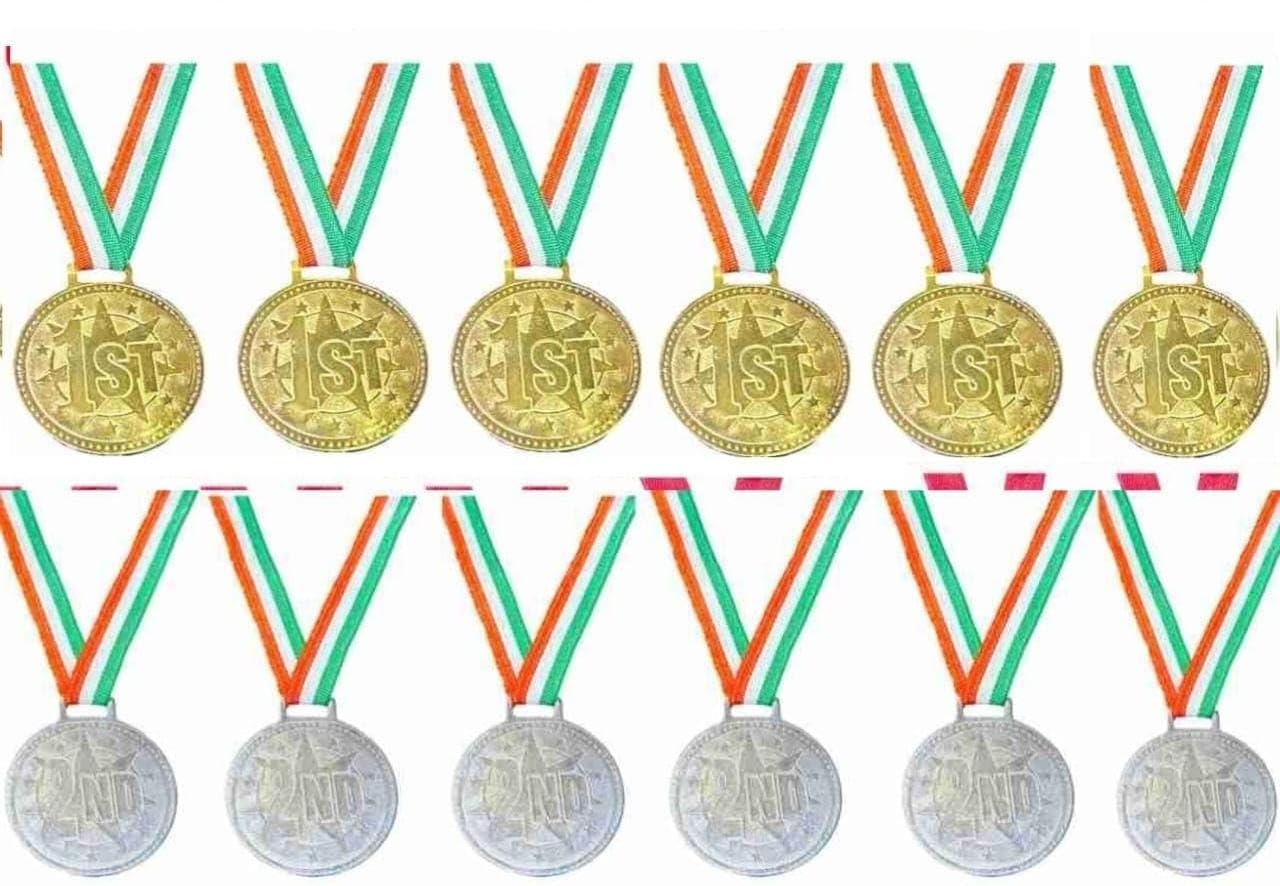 Swastik Enterprises 2 Inches Sports Medal (6 Gold +6 Silver Medal) Combo for School Winner, Sports Champion with Tiranga Ribbon (Set of 12)-picture-22