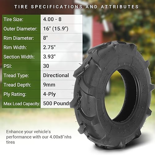 Miniatura 2 de Paquete de 2 neumáticos de 4.00-8 pulgadas, sin cámara, 4PR para cortacésped, repuesto para cortacésped de césped 4.80-8 4.00-8, tractor de césped,