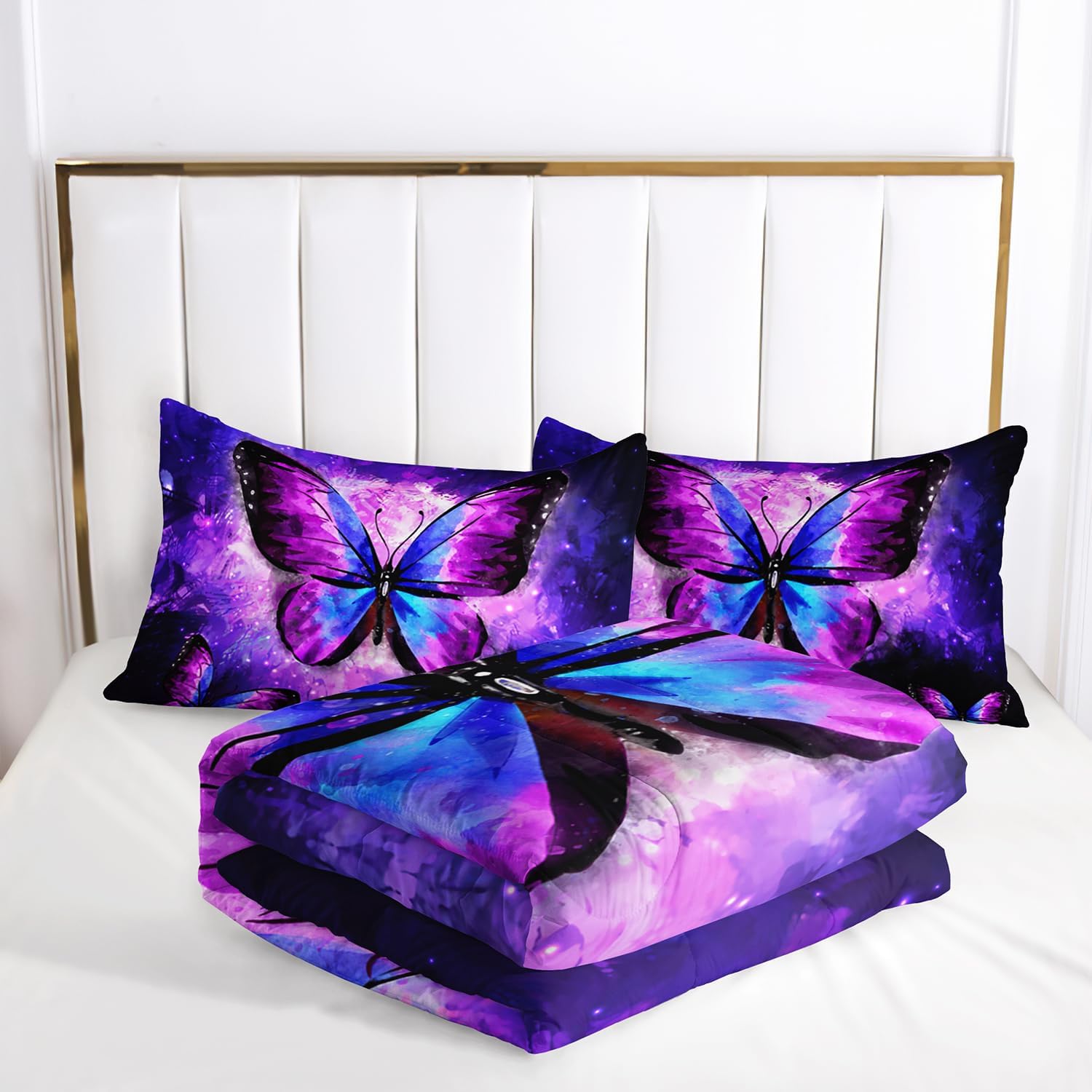 AILONEN Beautiful Butterfly Comforter Set Queen Size, Glowing Purple Butterfly Bedding Set for Girls Women,Bohemian Style Bed in a Bag,Starry Night Duvet Set,1 Quilt 2 Pillowcases,3 PCS - Image 5