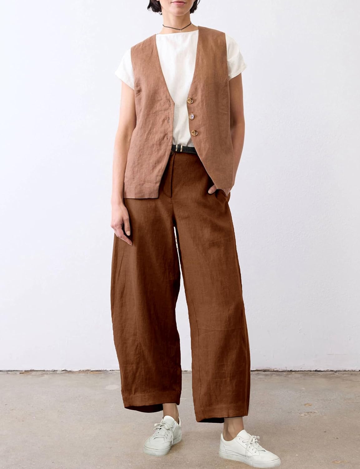 Athlisan Womens Linen Barrel Pants Casual Baggy Wide Leg Palazzo Trousers Summer Beach Capri Pants - Image 4
