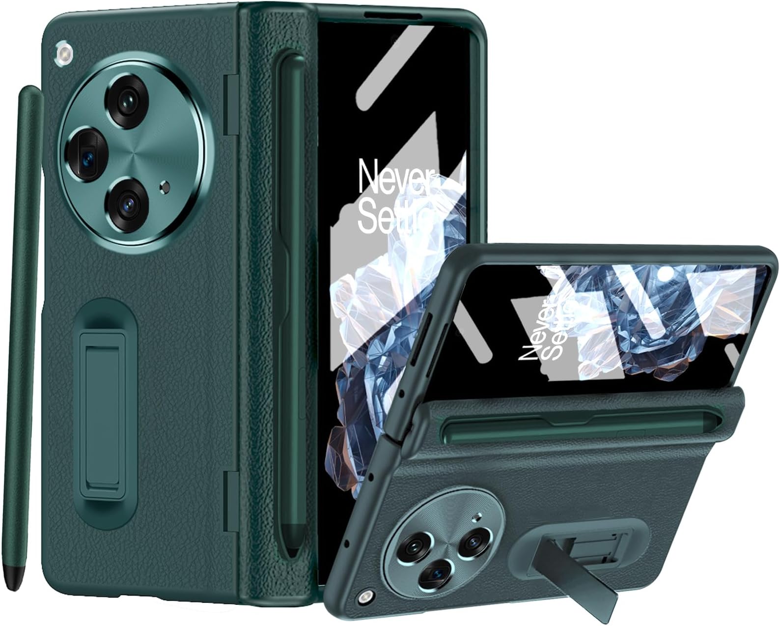for OnePlus Open Case with Stylus & Pen Holder, [Hinge Protection] [Built-in Screen Protector] [Kickstand] All-Inclusive Luxury PU Leather Phone Case for OnePlus Open 2023 Green