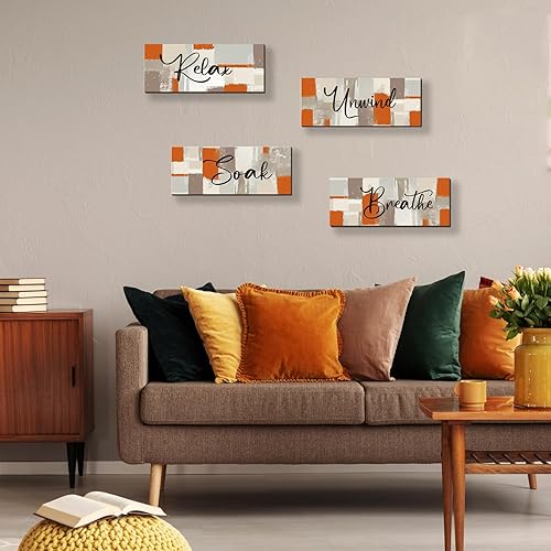 Miniatura 3 de 4 piezas de decoración de pared naranja para baño, decoración de pared naranja con citas relajantes, arte abstracto de madera colgante de pared para