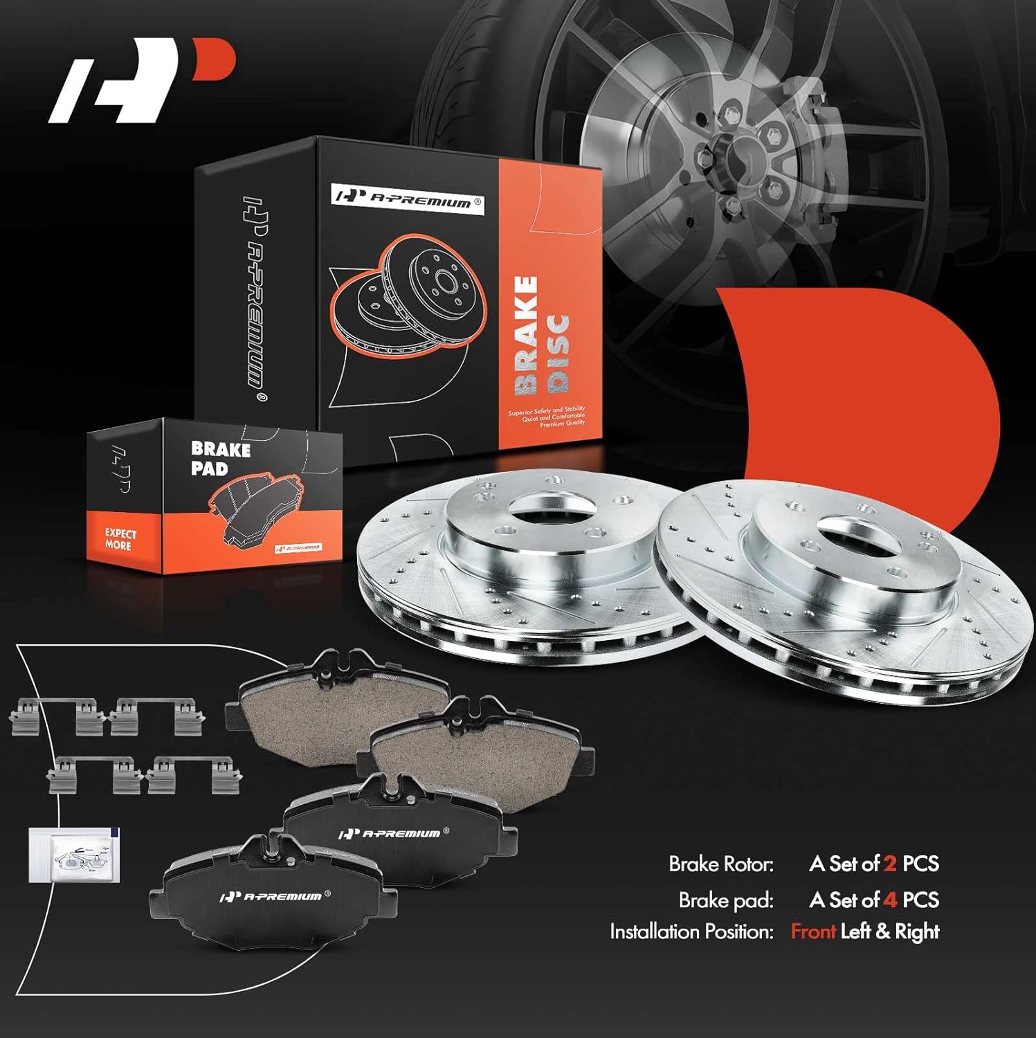 A-Premium 11.62 inch (295mm) Front Drilled and Slotted Disc Brake Rotors + Ceramic Pads Kit Compatible with Select Mercedes-Benz Models - E320 2003-2009, E350 2007-2009, 6-PC Set