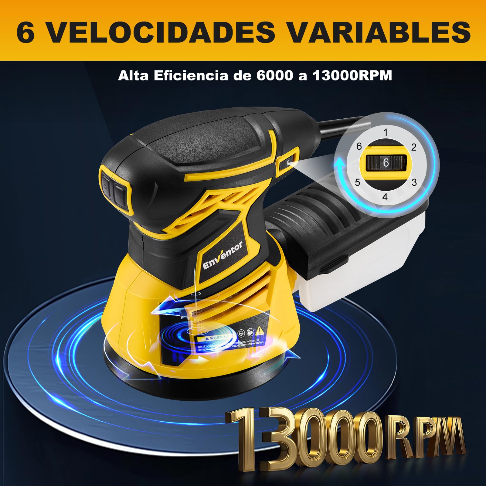 Enventor Lijadora Madera 350W, Lijadora Orbital Electrica con 6 Velocidades Variables, 6000-13000RPM, 125MM, 20PCS (80, 120, 180, 240 Grit), Lijadora Electrica para Madera y Acero