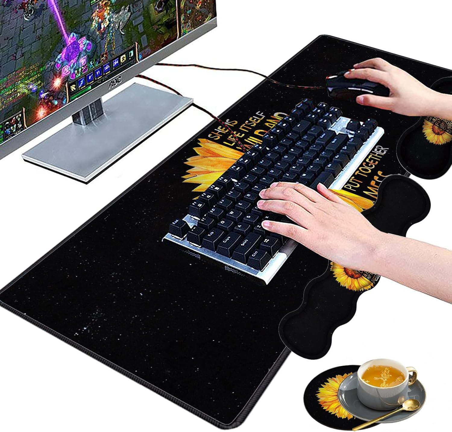 Large Gaming Mouse Pad, Keyboard Wrist Rest pad + Mouse Wrist pad + Coaster Set Extended Waterproof Non-Slip Table mat Suitable for Home Office Learning Games - Watercolor Sunflower