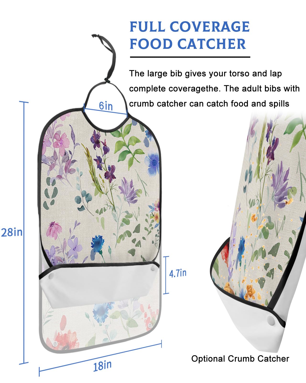 LEOKOTI Spring Floral Adult Bibs for Eating, Waterproof Bibs with Food Catcher & Adjustable Snap Closure, Colorful Flowers Summer Botanical Rustic Washable Clothing Protectors Adult Bibs for Elderly