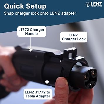 LENZ J1772 Adapter and Charger Lock Bundle, Secure Tesla Charging Connection at Public Charging Stations