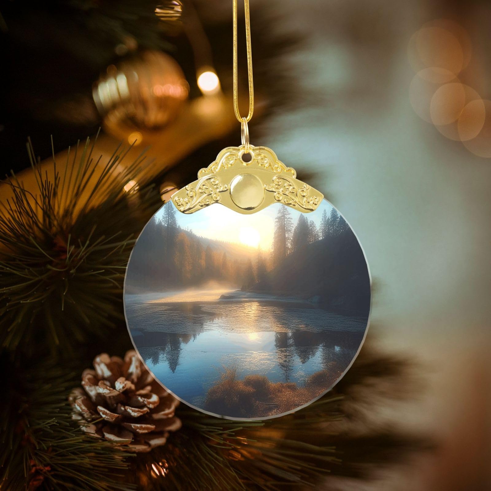 Crystal Christmas Ornaments for Christmas Tree Decoration Hanging Sunrise Over Mountain Forest Lake Ornament with Gold Ribbon Crafts Round Pendant for Keepsake Gifts Glass Xmas Decor Party Supplies