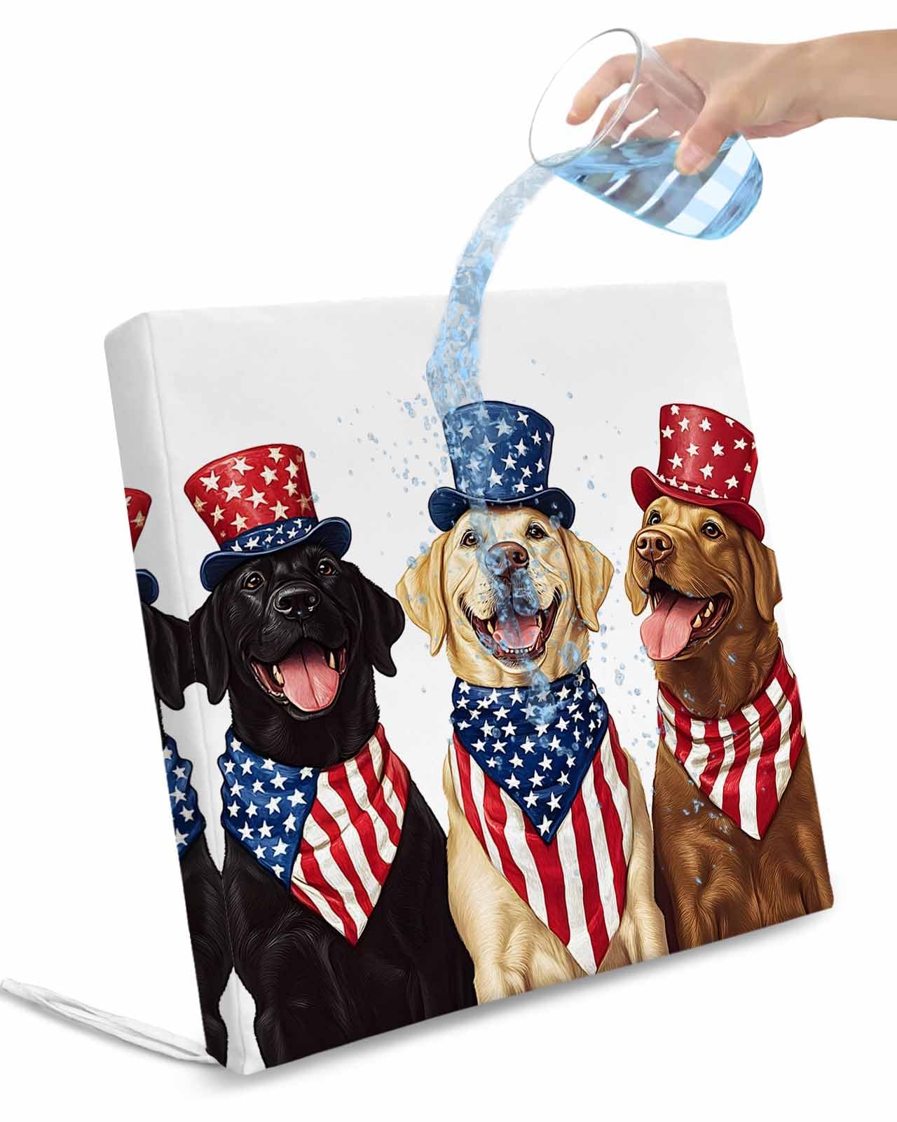2 Pack 4th of July Waterproof Cushion Covers with Ties, Outdoor Patio Chaise Lounge Chair Seat Cushion Slip Covers Replacement(Only Cover) Independence Day Dogs Blue Red Stars 24