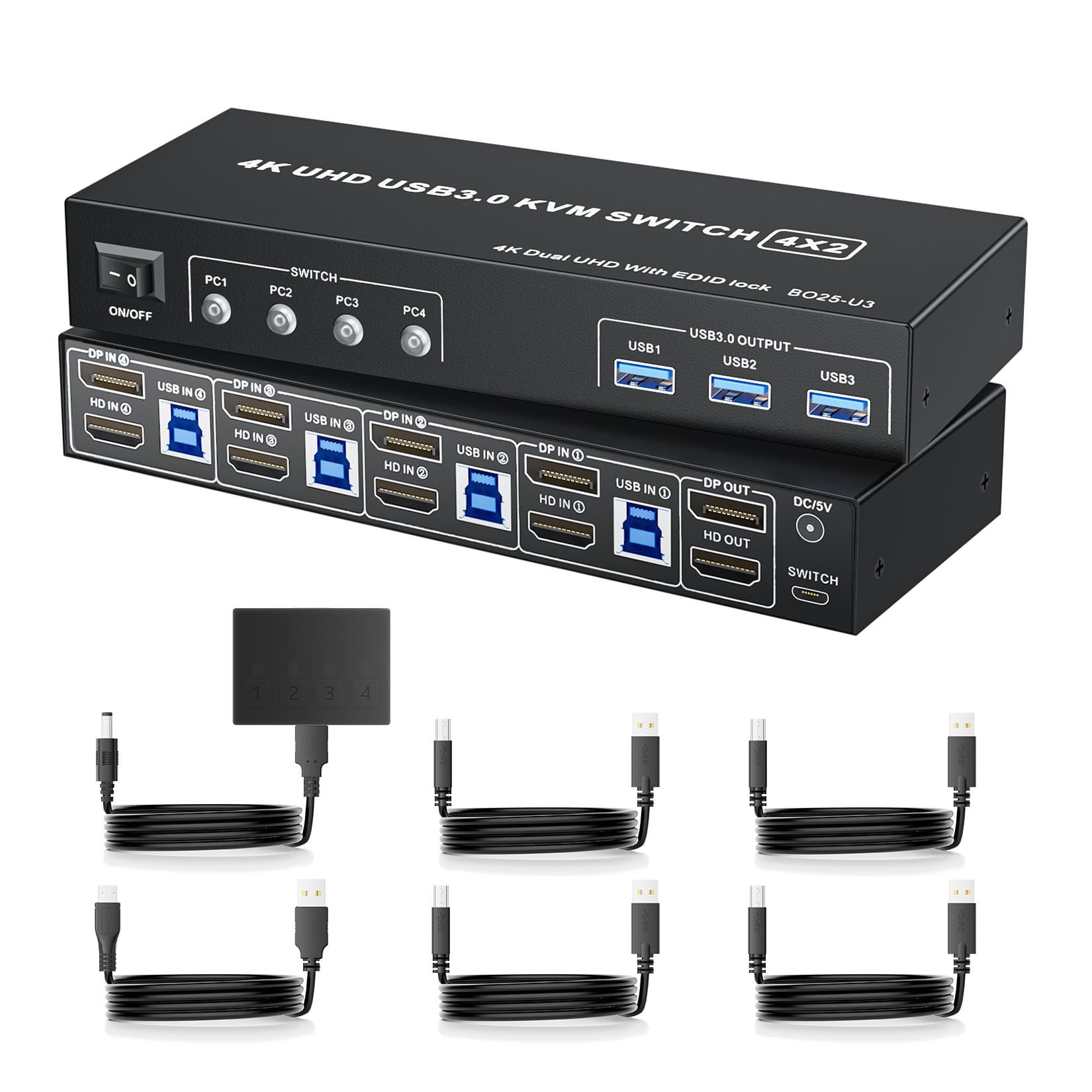 LUKFOCAB DisplayPort KVM Switch Box for 4 Computers Share 2 Monitors, DP KVM Switch with 3 USB 3.0 Ports, Support 4K@60Hz Copy Extended Splicing
