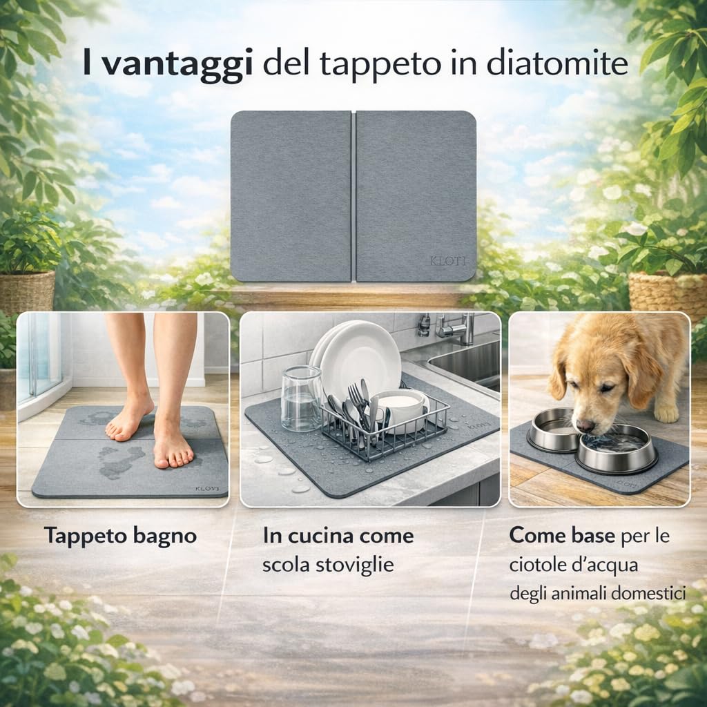 KLOTI Tappeto bagno in diatomite, tappeto bagno antiscivolo, tappetino doccia assorbente, tappeto antiscivolo vasca, asciugatura rapida, anti muffa, 60x39 cm, grigio