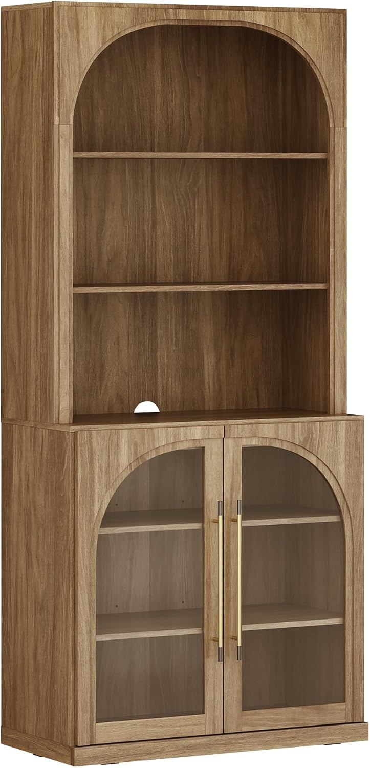 BELLEZE Tall Arched Storage Cabinet with Hutch,Modern Bookcase withOpen Shelves,Freestanding Display Shelf with Fluted Design,Wood Highboard for Living Room,Kitchen Pantry,Home Office - Camel