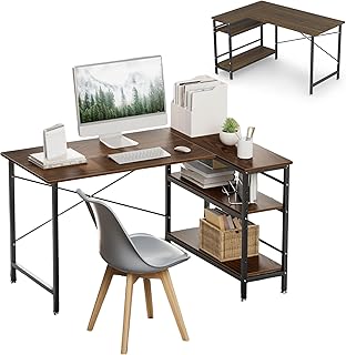 L字型 パソコンデスク 幅130cmx奥行90cm左右入れ替え可能 一体型のラック付き DEWEL ゲーミングデスク コーナーデスク 机 PCデスク フィスデスク 省スペース 横揺れ&グラつき防止 傷・汚れ・水分・熱に強い天板(メラミン加工) 木製 おしゃれ 書斎 在宅勤務 幅130×奥行90+60×高さ75cm ウォルナット(木目調)