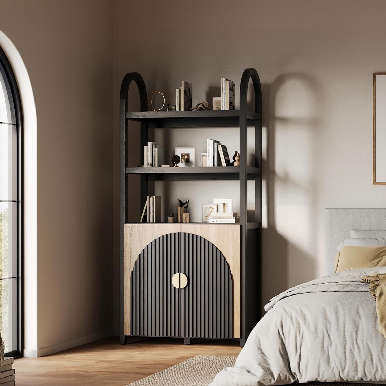 BELLEZE Book Shelf 72" Tall Arched Bookcase with Storage, 5 Tier Mid Century Modern Fluted Bookshelf with Doors, Modular Bookshelves for Living Room Office Library (Camel)