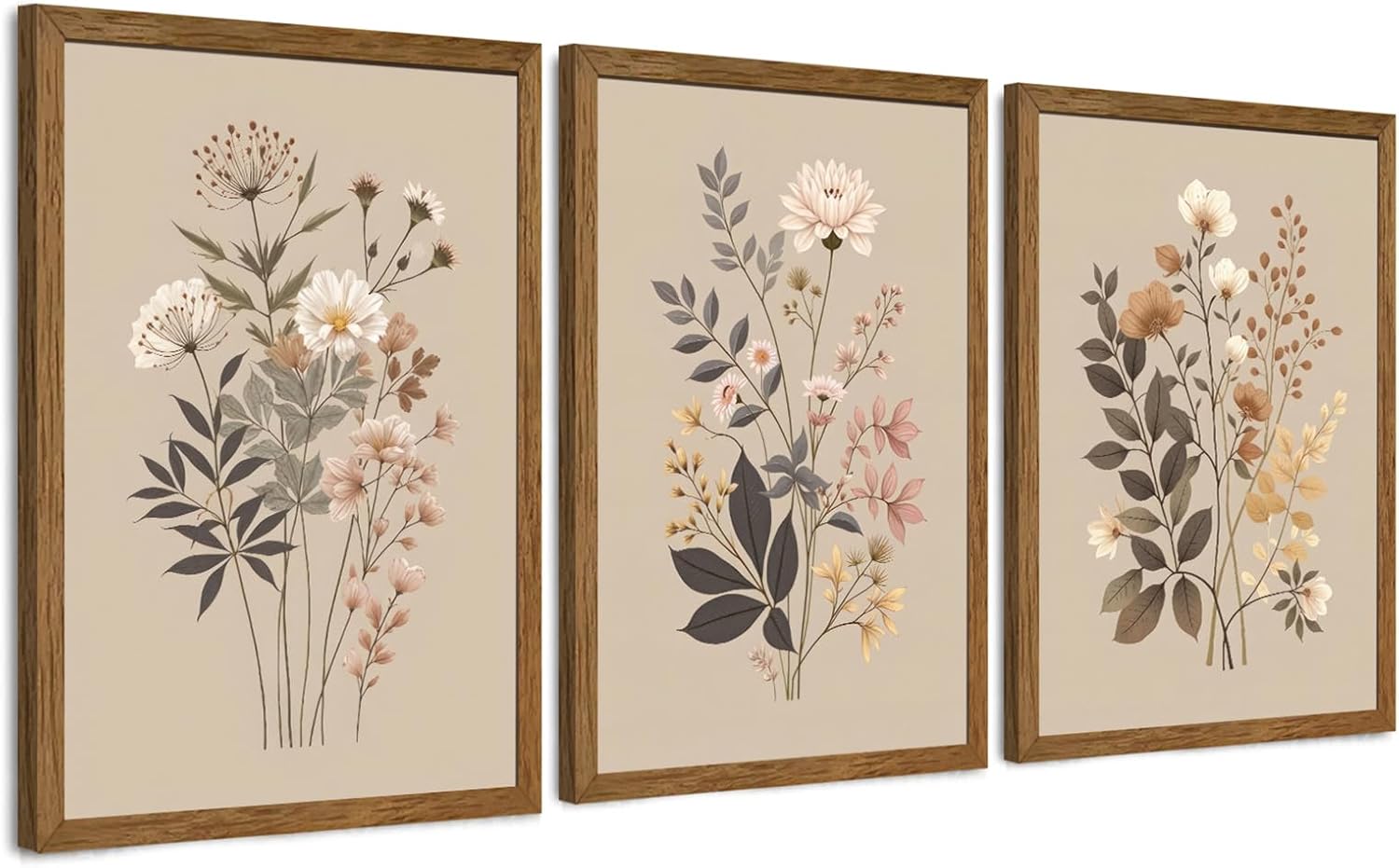 AVECCO 3 Pieces Framed Vintage Wildflower Canvas Wall Art, Nature Floral Artwork Wall Decor, Rural Botanical Art Prints for Bedroom Living Room Office Home Decoration Ready to Hang 20x30 Inch