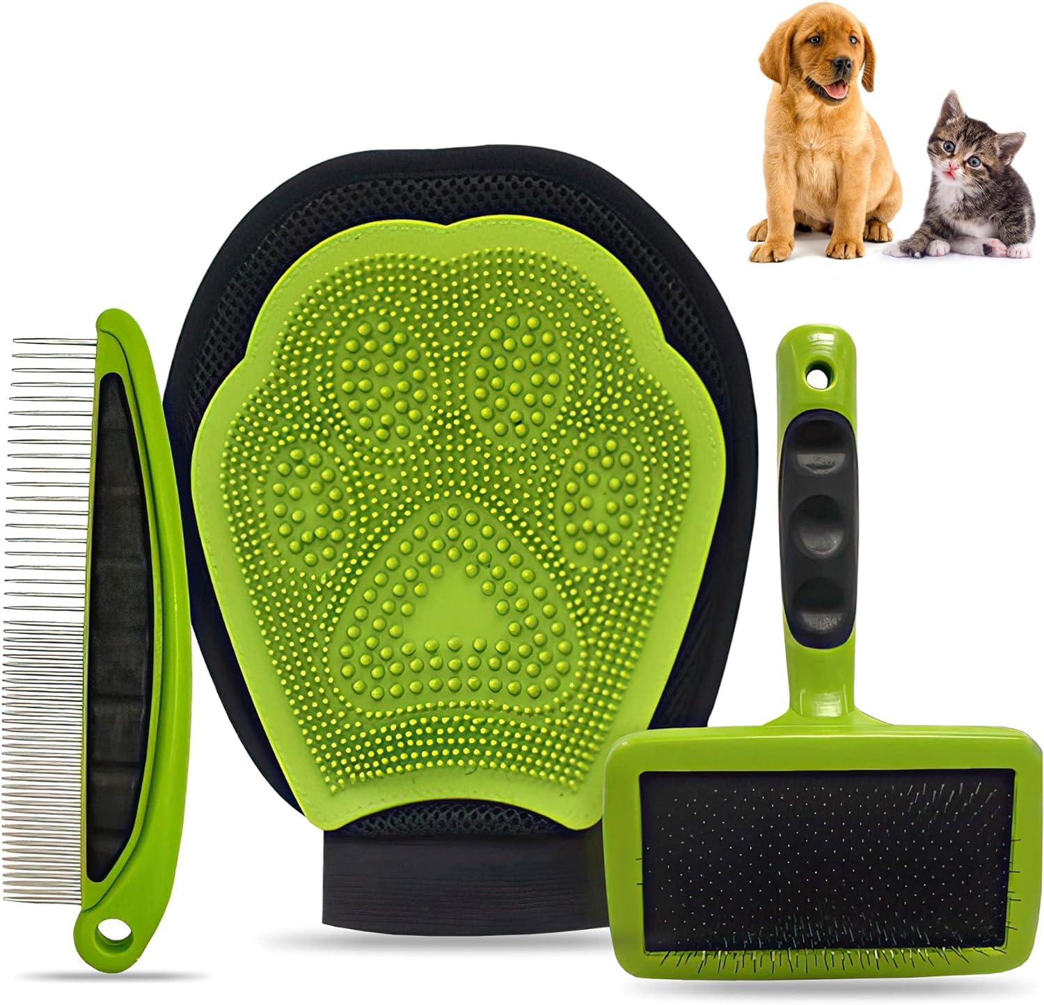 LMJCH Pet Brush Set for Cat and Dog - Pet Grooming Kit,Self Cleaning Brushes, Pet Bathing Gloves and Comb - Pet Grooming Kit Premium Double sided Glove (Pack of 3)
