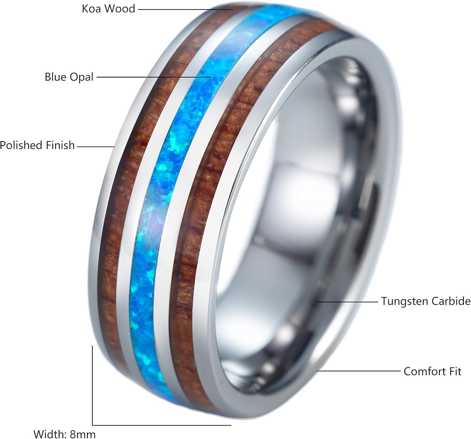 8mm Opal Tungsten Carbide Hawaiian Koa Tree Wood with Created Comfort Fit Ring Engagement Wedding Band Dome Style Weighted High Polished Finish with Gift box