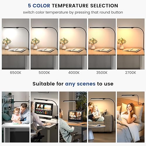 Miniatura 2 de MYPLUS Lámpara de escritorio LED con sensor de onda manual, 5 temperaturas de color 2700K-6500K, atenuación sin contacto, cuello de cisne ajustable