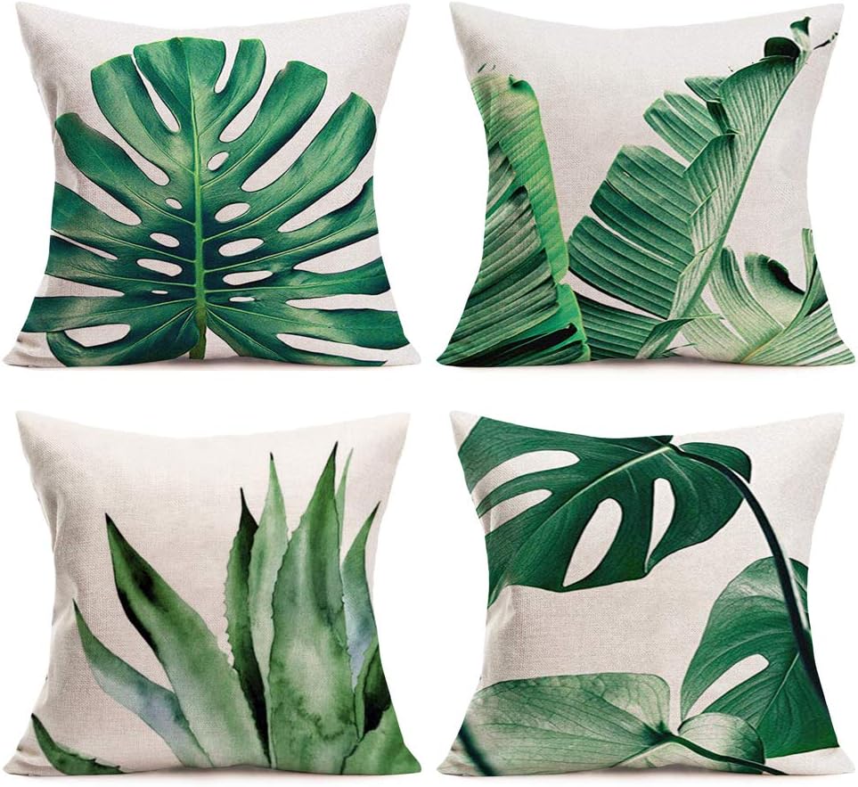 Palm Leaves Throw Pillow Covers Cotton Linen Home Decorative Pillow Covers 18" x 18" Set of 4 Pillowslip with Tropical Banana Palm Monstera Leaves Print for Summer Style Decor (Tropical Palm Series)