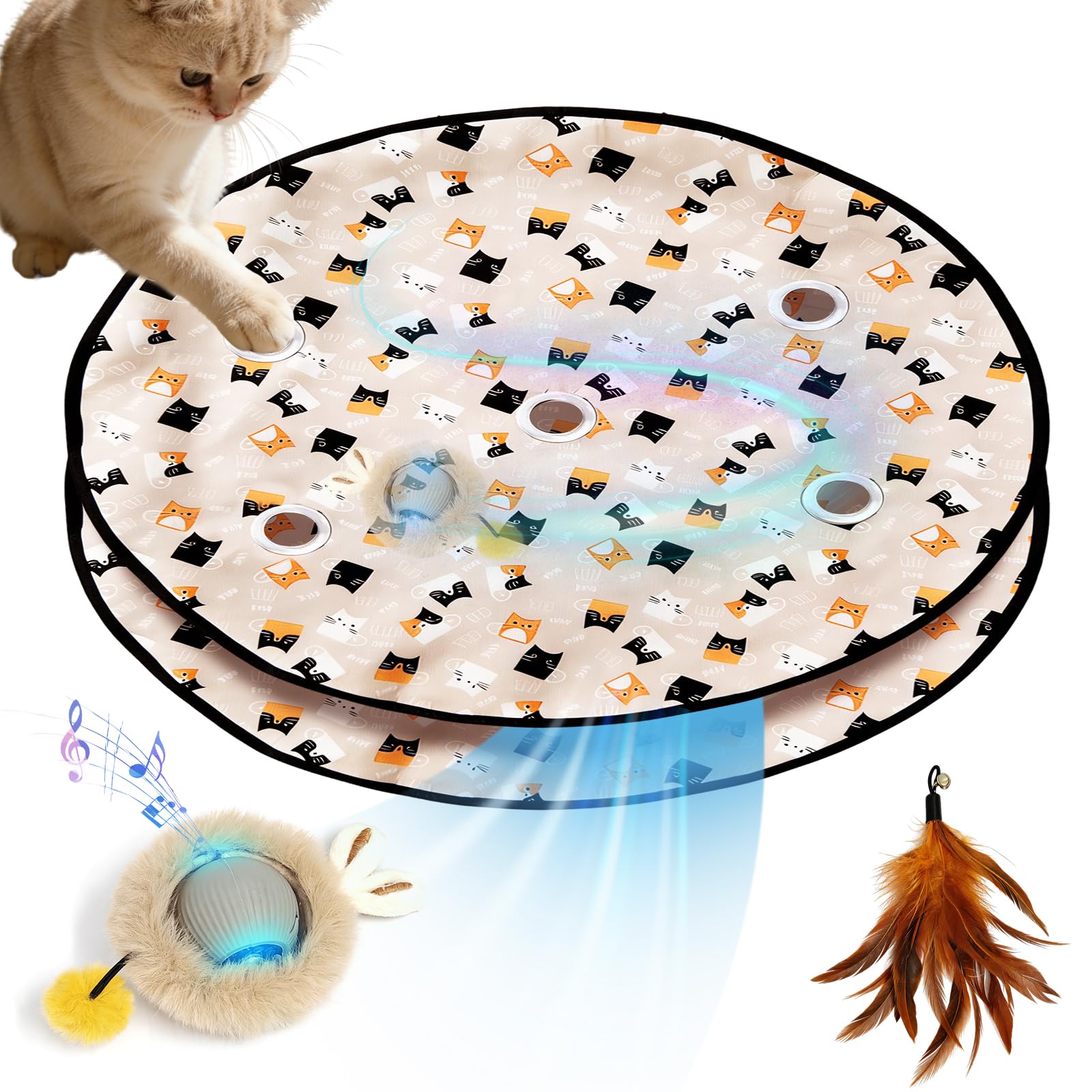 Cat Toy,Interactive Cat Toys for Indoor Cats Adult 5 Holes Maze Mat Automatic Moving Ball Kitten Toys in Pouch Will Emit Bird Call Feather Tail Touch Activation Smart Mouse Catching Game(Grey)