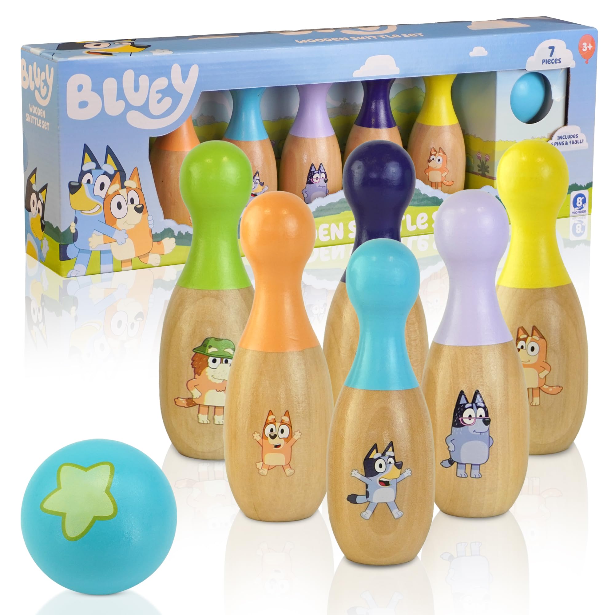 Bluey Wooden Skittles Set, Kids Bowling Game with 6 Character Pins & Ball, Bluey & Bingo Pins, Indoor & Outdoor Play, Durable & Sturdy, FSC Certified Wood, Ages 3+