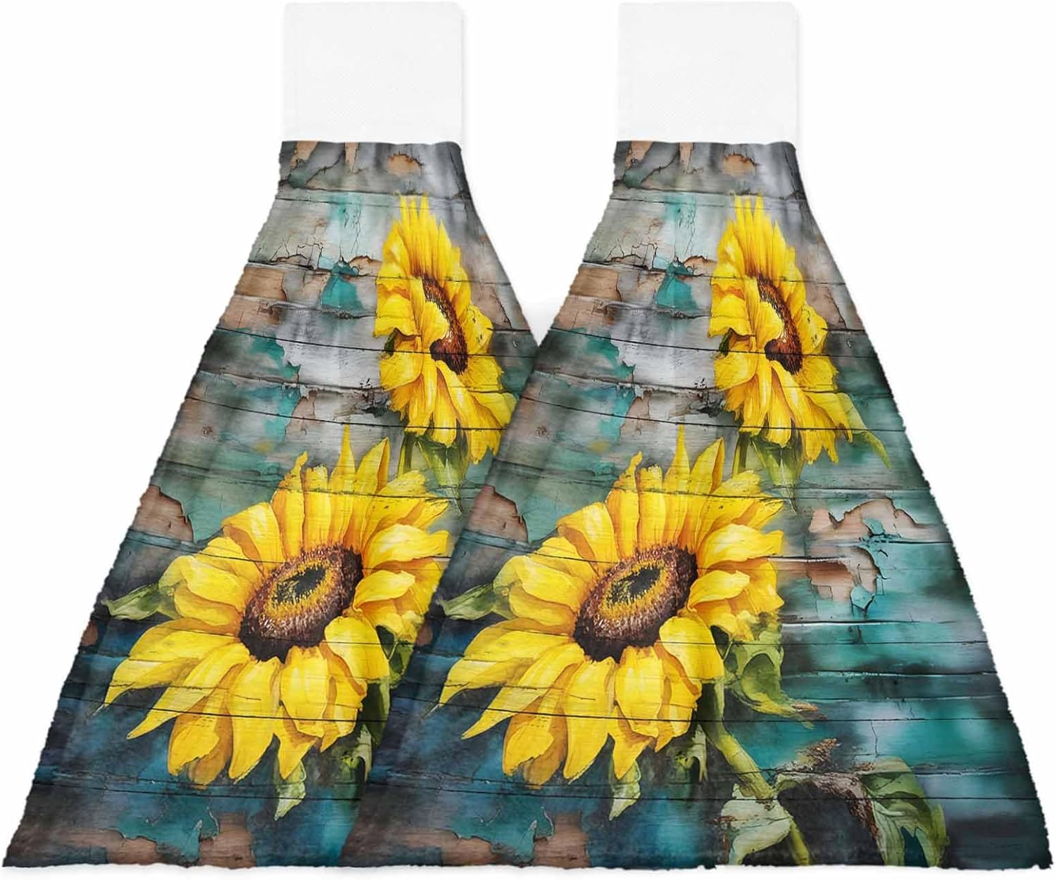 Teal Sunflower Kitchen Hand Towels with Hanging Loops,Super Soft Oven Fingertip Dry Microfiber Tie Dish Towel Absorbent Cleaning Washcloth for Bathroom,Kitchen Retro Yellow Floral Turquoise Wood Grain