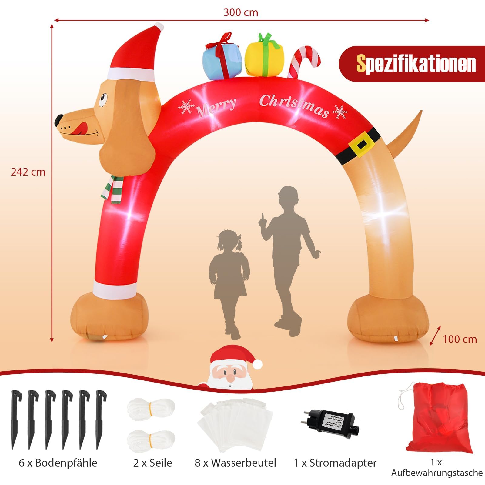 COSTWAY aufblasbarer Weihnachtsbogen Dackel, 242cm Weihnachtsdekoration mit LED & Tragetasche, Weihnachtsdeko groß Outdoor, Weihnachtsbeleuchtung für Garten, Hof, Terrasse, selbstaufblasend