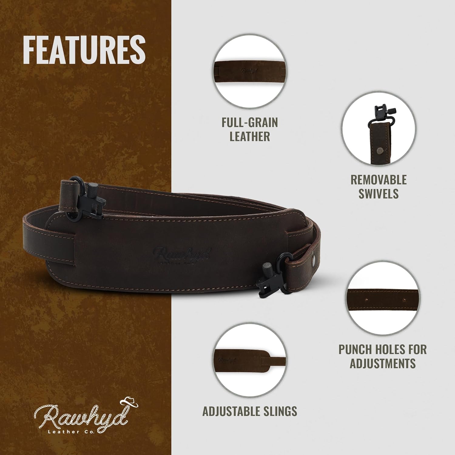 RAWHYD Leather Rifle Sling – Full-Grain Adjustable Gun Sling for Rifles – Comfortable Shoulder Strap with Swivels for Deer Hunting, Outdoor Shooting & Hunters - Premium Leather Hunting Accessory Gear