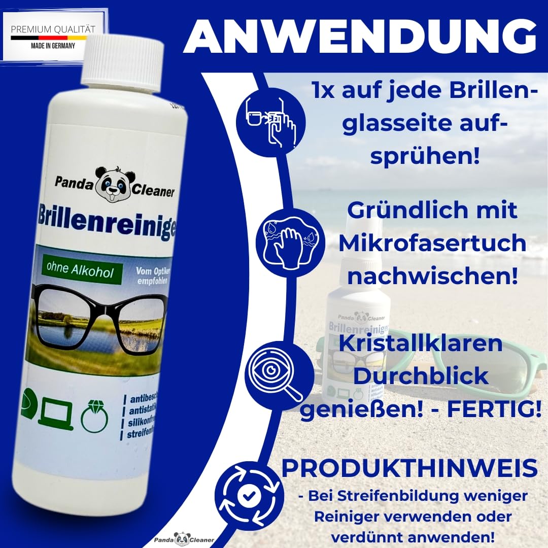 PANDACLEANER Środek do czyszczenia okularów, spray 50 ml + butelka uzupełniająca 250 ml, bez alkoholu, czyszczenie bez smug, formuła zapobiegająca zaparowaniu, wyprodukowano w Niemczech